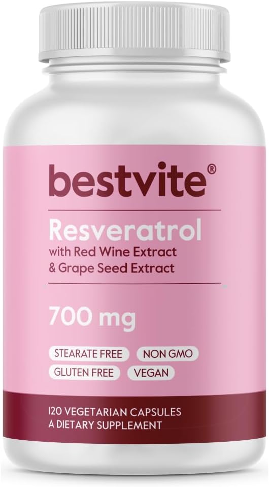 BESTVITE Resveratrol 700mg (120 vegetariske kapsler) med rød vin ekstrakt & Grape frø ekstrakt - Standardiseret til 50% TransResveratrol - Ingen Stearates - Vegan - Ikke GMO - Gluten Free