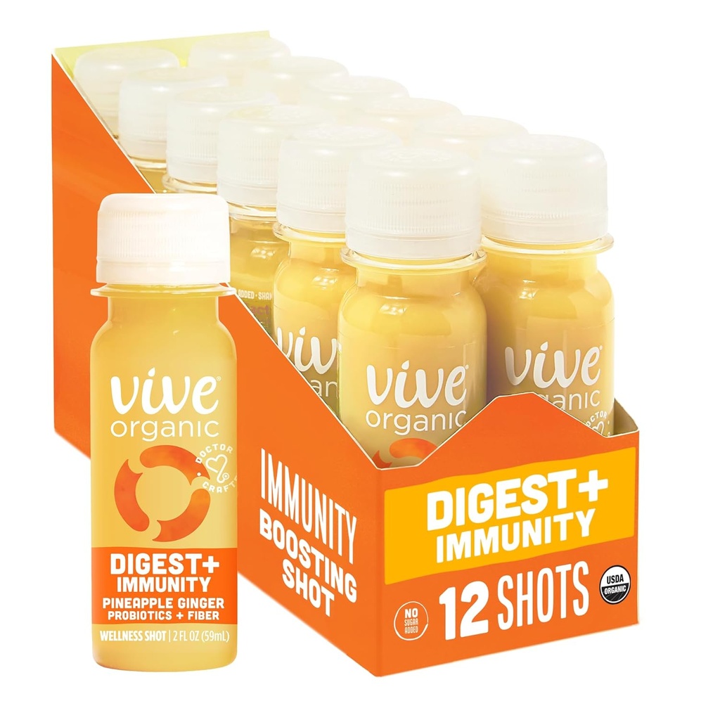 Vive Organic Digest + Immunity Dual- Boost Shot, Cold- Pressed Aloe Vera, Apple Cider, Probiotika, 2g Fiber, Gluten Free, Vegan, 2 Fl Oz (Pack of 12)