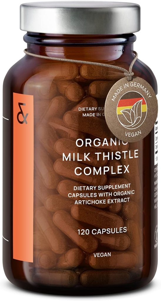 CLAV Organic Milk Thistle & Artichoke Extract Complex -Rich in Silymarin & Bitters - Leverstøtte + Detox supplement - 120 kapsler (60 dages forsyning) - Vegan - Made in Germany