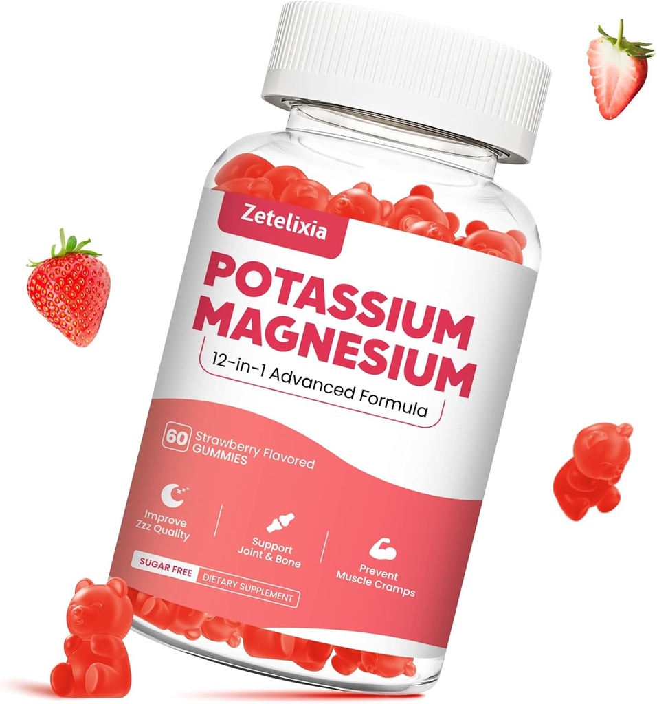 Kalium Magnesium supplement Gummies for voksne børn, Magnesium Glycinate & Kalium Citrate, Plus Multivitamin, Omega-3 & Black Pepper, Ben kramper, Muskel & hjerte sundhed, 60ct