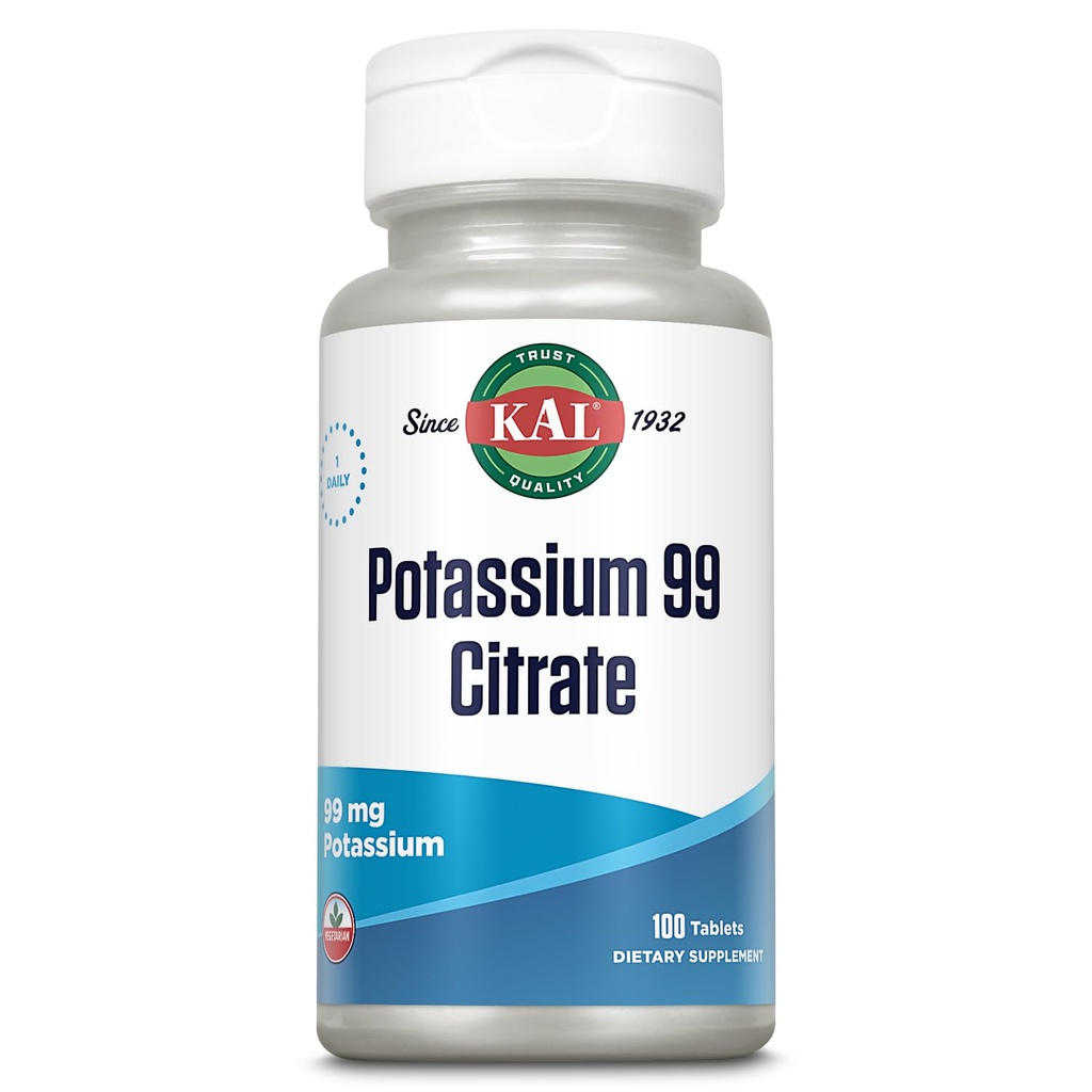 KAL Kalium Citrate 99mg, Fluid og elektrolyte Balance, Kalium supplement til muskel, nerve og hjerte sundhed støtte, Vegetar, Forbedret Absorption, 60- dag garanti, 100 Serv, 100 tabletter