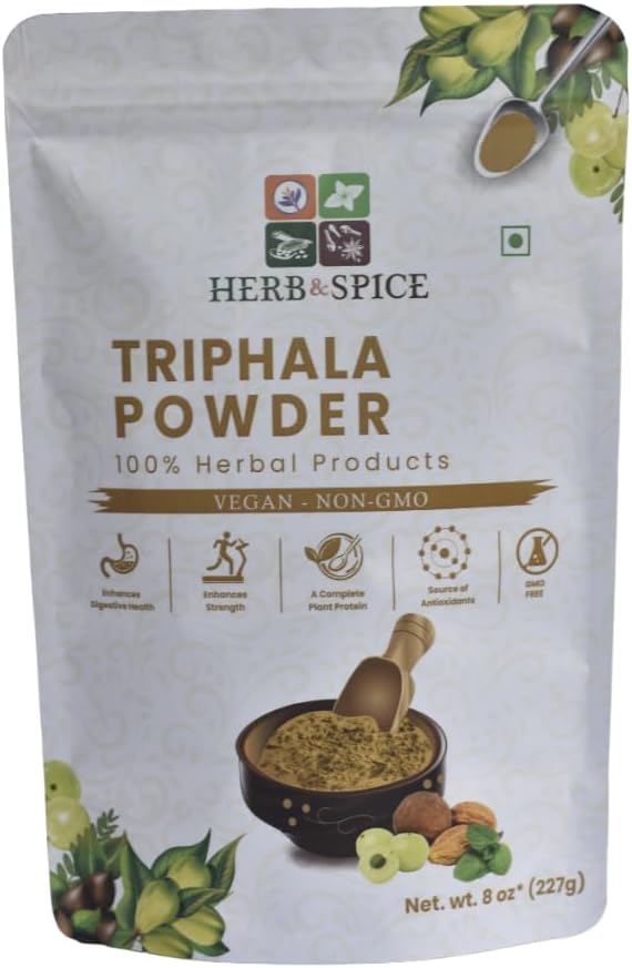Triphala Powder Non GMO, Gluten Free, 100% Raw, Sourced from India, Herbal Formel of Amla, Haritaki, Bibhitaki, Pakket i resealable Zip Lock Pouch (227 Gram)