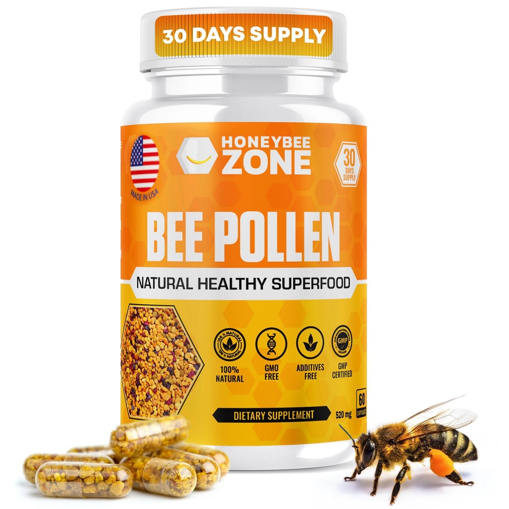 Bee pollen Supplement 100% Natural Raw Bee pollen in Veggie Caps Gæret Pollen Multivitamin, Probiotisk Superfood, Vital Proteiner, Aminosyrer, immunforsvar & energi 60 Pollen kapsler