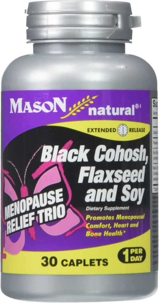 MASON NATURAL Menopause Trio: Black Cohosh, Flaxseed, & Soy (Extended Release) - Maj Allequate Hot Flashs & Night Sweats *, Understøtter sund Hormone Balance *, 30 Caplets