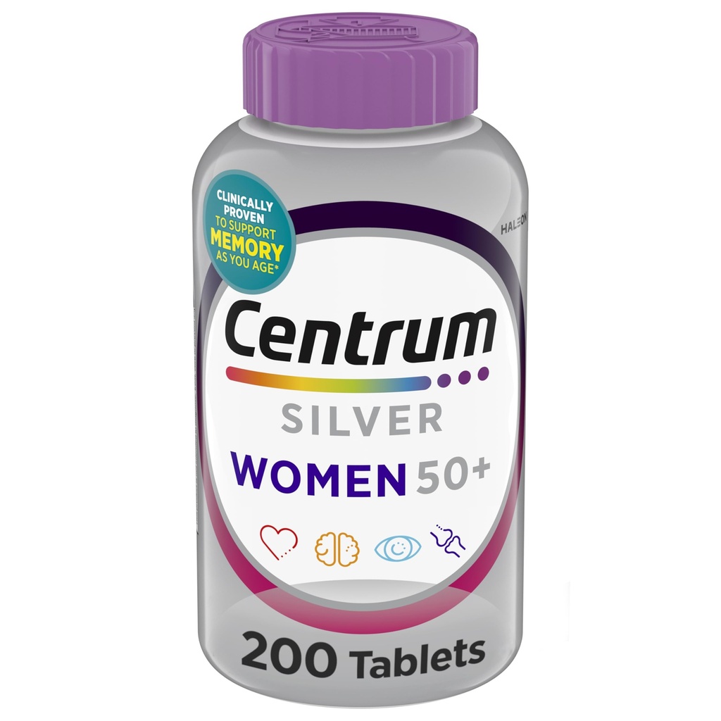 Centrum sølv kvinders Multivitamin til kvinder 50 Plus, Multivitamin / Multimineral tillæg med vitamin D3, B Vitamin, non-GMO ingredienser, understøtter hukommelse og kognition hos ældre voksne - 200 Ct