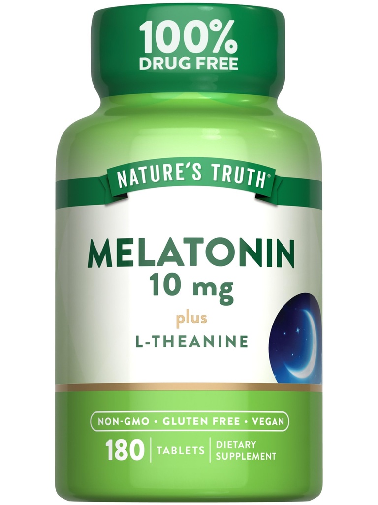 Nature 's Truth Melatonin Tablets against 124; 10mg metha124; 180 Greve 124; med L- Theanine against 124; 100% Drug Free Supplement for Voksen124; Vegan, Non- GMO & Gluten Free Supplement