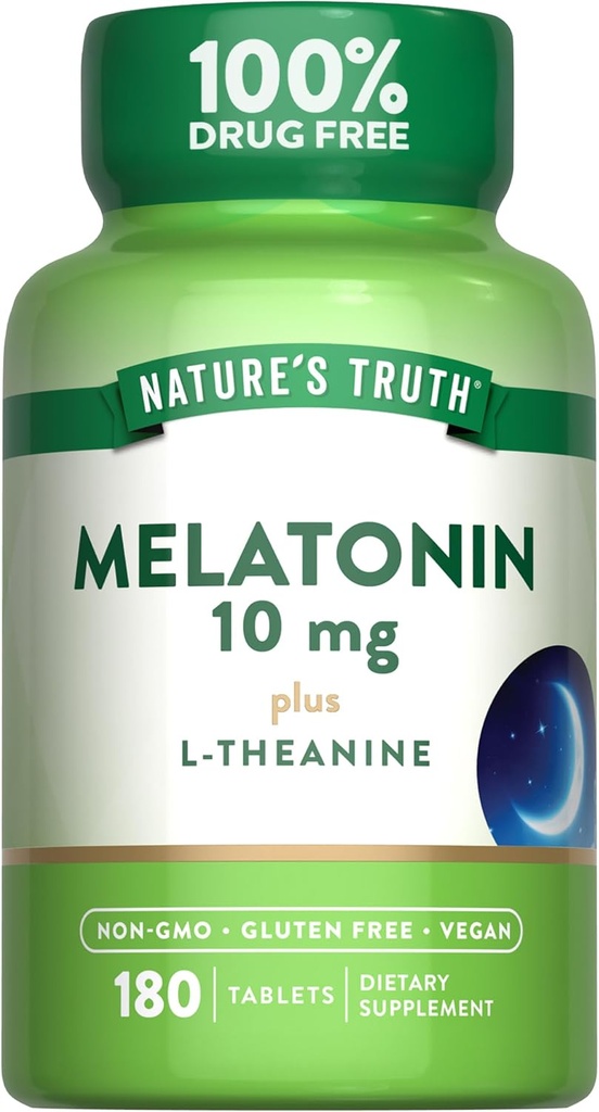 Nature 's Truth Melatonin Tablets against 124; 10mg metha124; 180 Greve 124; med L- Theanine against 124; 100% Drug Free Supplement for Voksen124; Vegan, Non- GMO & Gluten Free Supplement