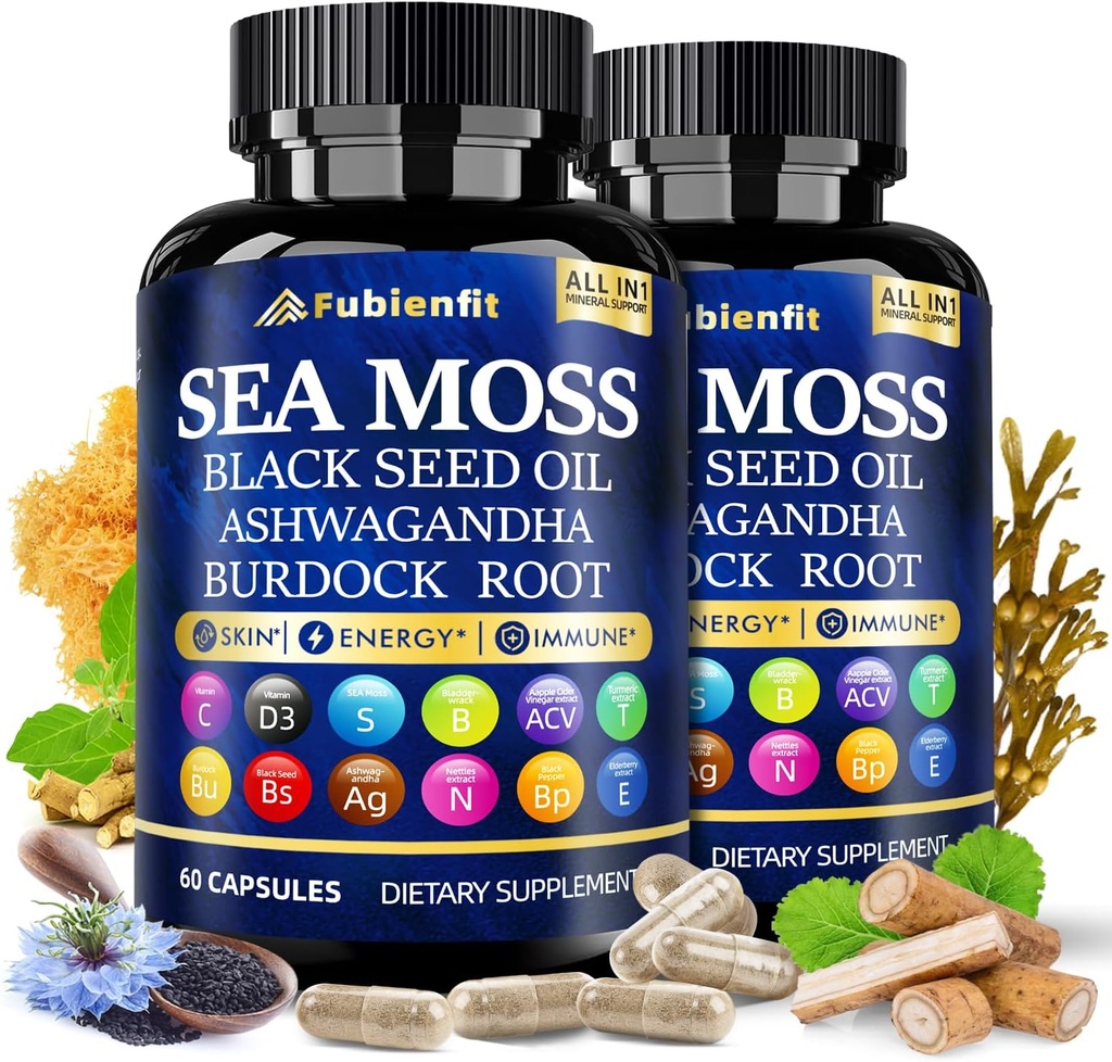 (2 Pack) Organic Sea Moss Capsules - Contain syross Black Seed Oil ashwagandha Burdock Root Ingefær & essentielle vitaminer - Superfood til immunboost, fordøjelsessygdomme, og Samlet Wellness