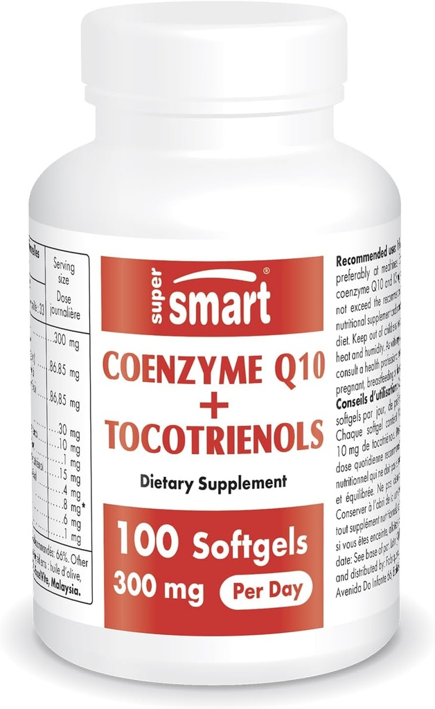 Supersmart - Coenzym Q10 + Tocotrienols 300mg per dag (Patenteret & Biotilgængelig) - CoQ10 Supplement med Tocotrienols - Palm Oil Extract Mex124; Non- GMO & Gluten Free - 100 Softgels