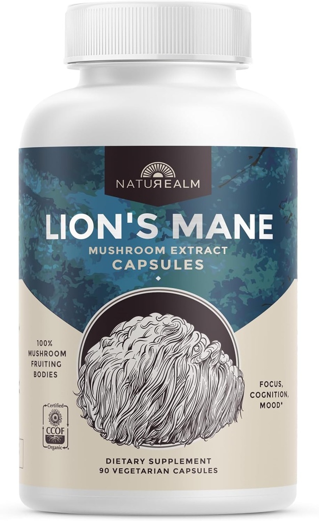 Natureals Lions Mane Mushroom Supplement - Organic Brain Support for Focus Memory Mental Clarity - Ikke GMO kognitiv funktion - 90 Vegetariske kapsler