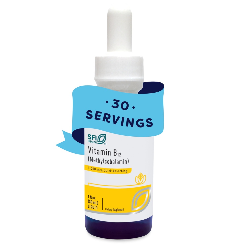 Klaire Labs SFI Health Vitamin B12 Flydende dråber 1mg - Methyl B12 Drops, 1000mcg Active Methylcobalamin - Flydende levering til effektiv absorption - Hypoallergen (30ml / 1 fl oz)