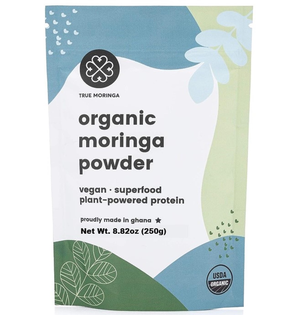 Organic Moringa Powder Dex124; 100% Regenerative Organic Raw Moringa Powder, Certificeret USDA. Non- GMO (250g)