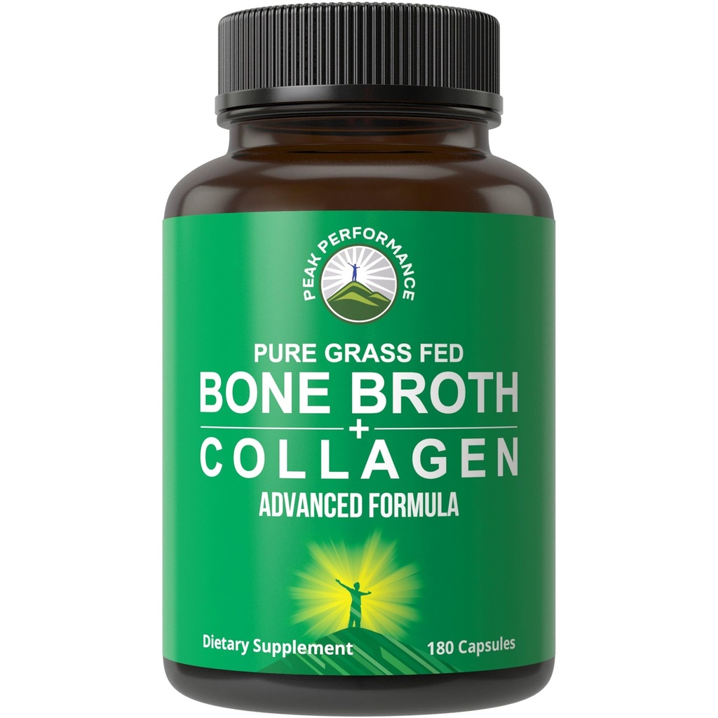 Bone Broth Collagen Kapsler. 180 piller af grass Fed Bone Broth Collagen Protein Peptider. Indeholder alle 3 typer 1, 2 og 3. Pure Pasture Raised Paleo venlige tabletter til kvinder og mænd