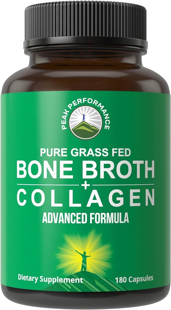 Bone Broth Collagen Kapsler. 180 piller af grass Fed Bone Broth Collagen Protein Peptider. Indeholder alle 3 typer 1, 2 og 3. Pure Pasture Raised Paleo venlige tabletter til kvinder og mænd