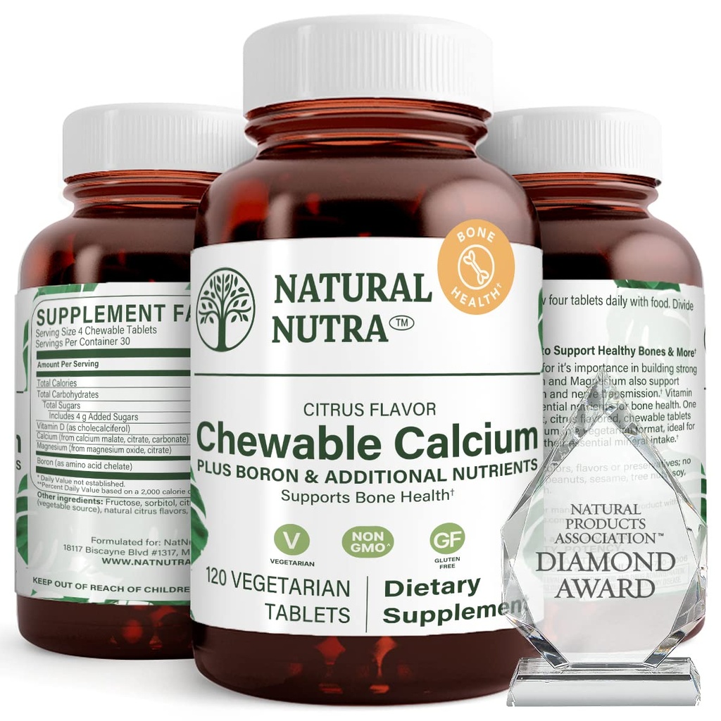 Naturlig Nutra Chewable Calcium supplement til ben styrke, fremmer muskel sundhed, Hjælper forbedre tænder sundhed, Support Nerve sundhed, og Kardiovaskulær sundhed, Forbedre ben styrke, 120 tabletter