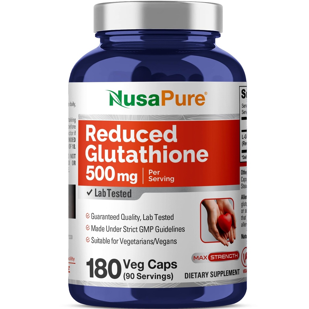 NusaPure Reduceret Glutathione 500 mg 180 Veggie kapsler (Vegan, Non- GMO) L- Glutathion