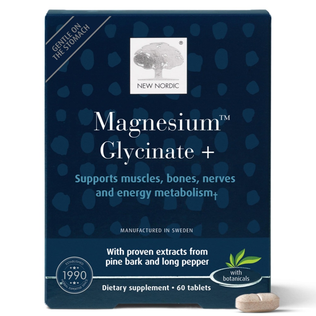 New Nordic Magnesium Glycinate, 220 mg Maksimal Absorption Tablets med Pine Bark & Lang Pepper, Dødbringende på Mave for kvinder og mænd, 30 Servering