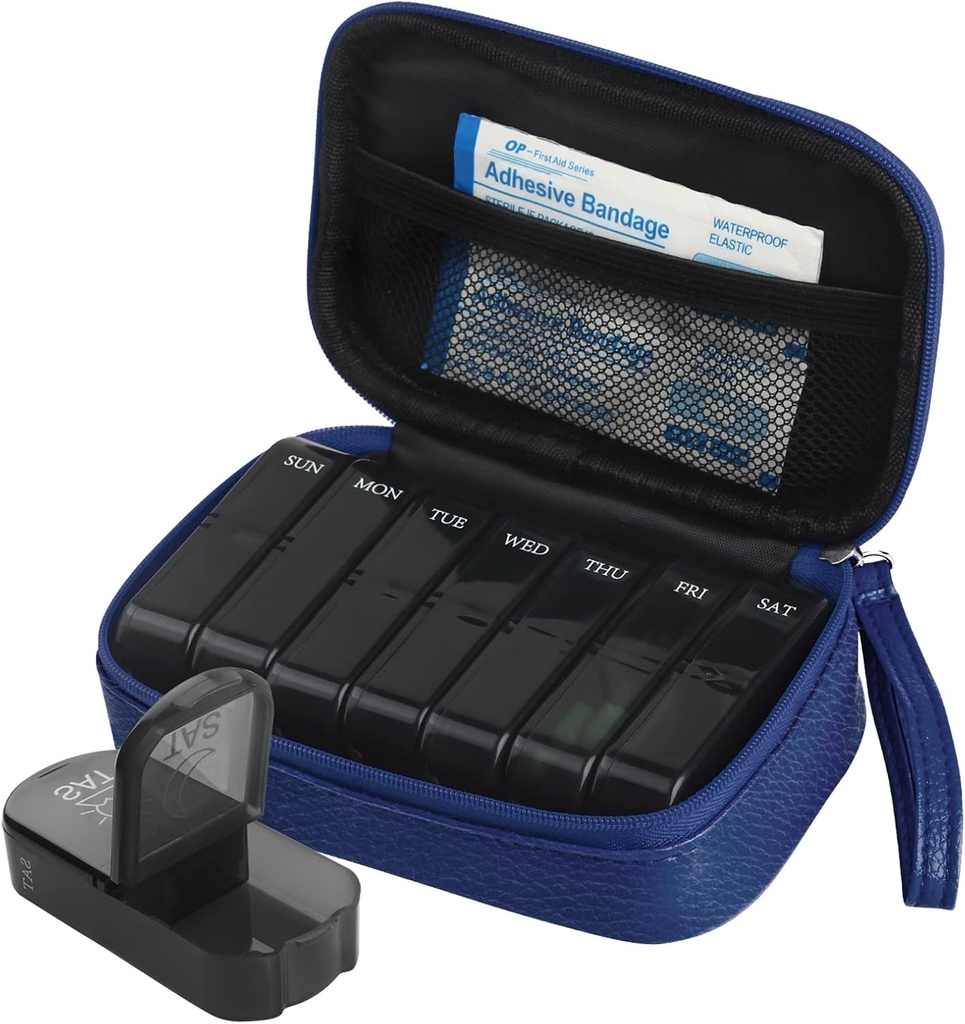 Ugentlig PU Leather Pill Bag Organizer sag 2 gange om dagen, AM PM Daily Pill Box at holde Vitamin, Fish Oil, Kosttilskud og Medicin (blå)
