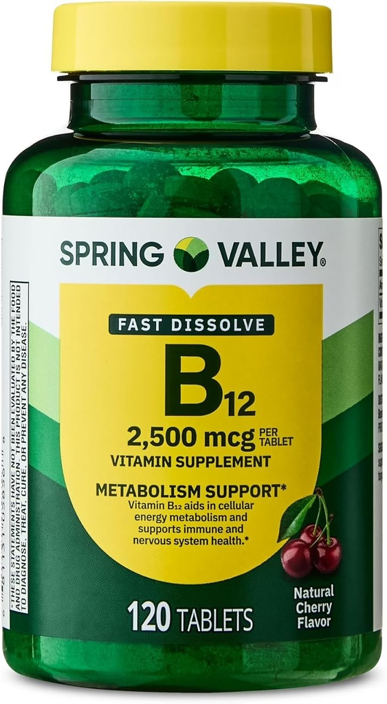 Spring Valley, Vitamin B12 2500 MCG, B12 Quick- Opløs Cherry Flavor tabletter Kosttilskud, Vitamin B12, 120 Greve - Nyt udseende (pakke med 1)