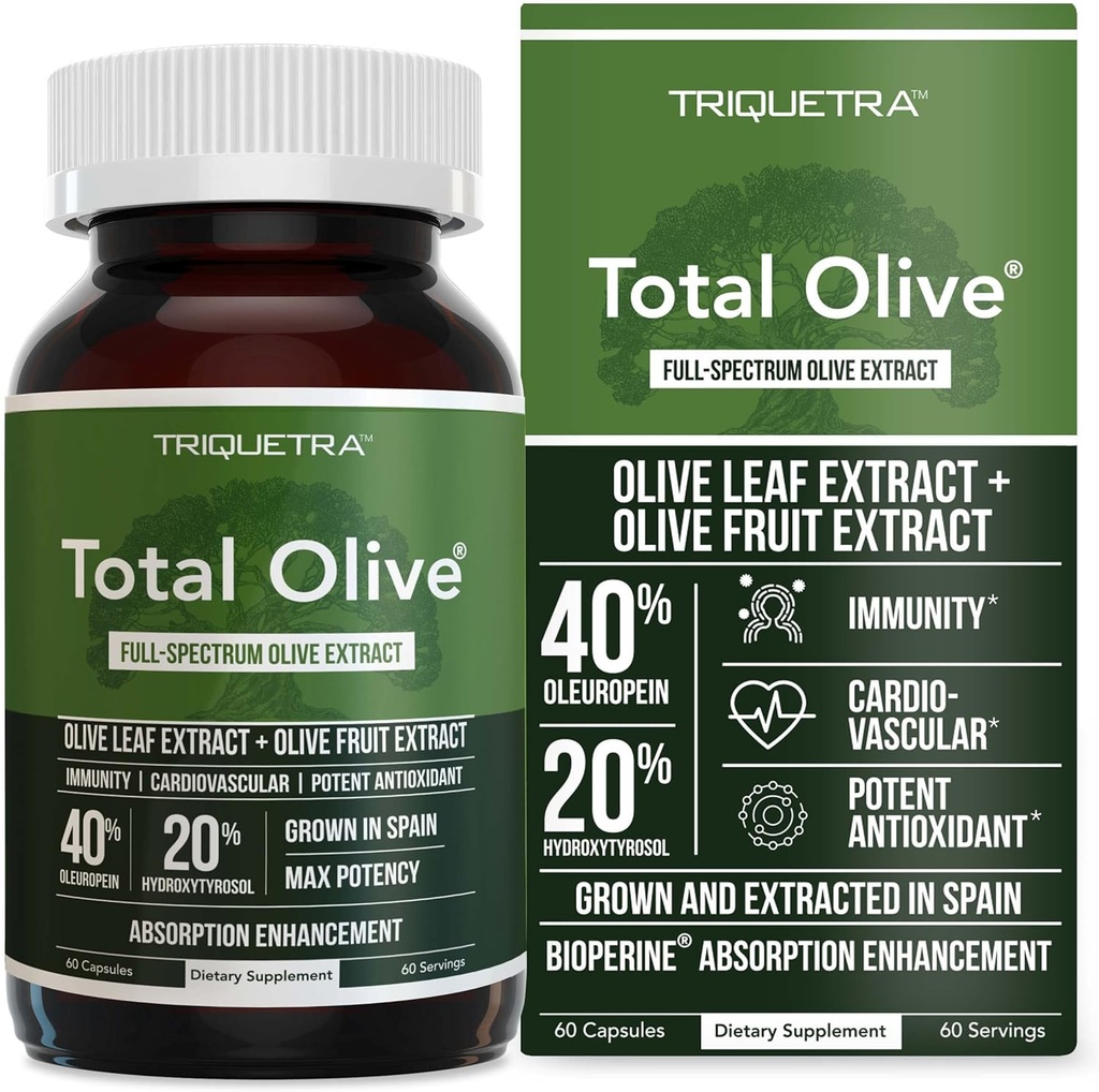 Total Olive ® - Olive Leaf Extract (40% Oleuropein) Plus Olive Fruit Extract (20% Hydroxytyrosol) - Fuld Spectrum Extract Grown & Extraded i Spanien - BioPerine Absorption Enhancement (60 Greve)