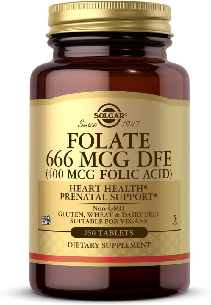 Solgar Folate 666 mcg DFE (Folinsyre 400 mcg) - 250 tabletter - Prenatal Support - Non- GMO, Vegan, Gluten Free, Dairy Free, Kosher - 250 Servere