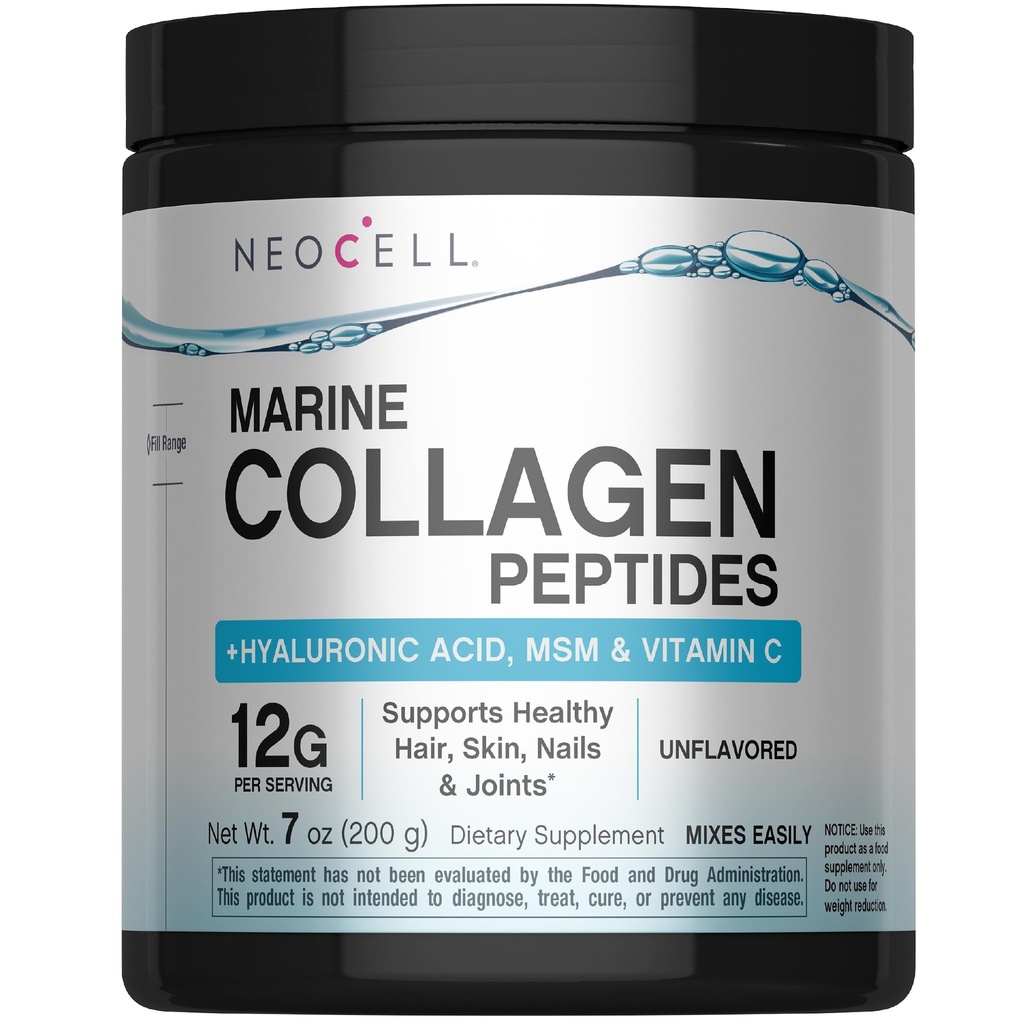 NeoCell Marine Collagen Peptides Powder | 7 oz | Unflavored Supplement | with Vitamin C and MSM | Plus Hyaluronic Acid | Prebiotic Fiber Beauty Blend | Hair, Skin, & Nails | for Women and Men