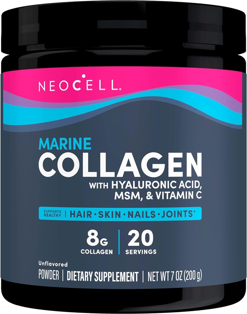 Neocell Marine Collagen med Hyaluronsyre, MSM og C-vitamin, Keto Collagen Kosttilskud, til hudpleje og fælles sundhed, Unflavored, Powder, 7 oz, 1 Canister