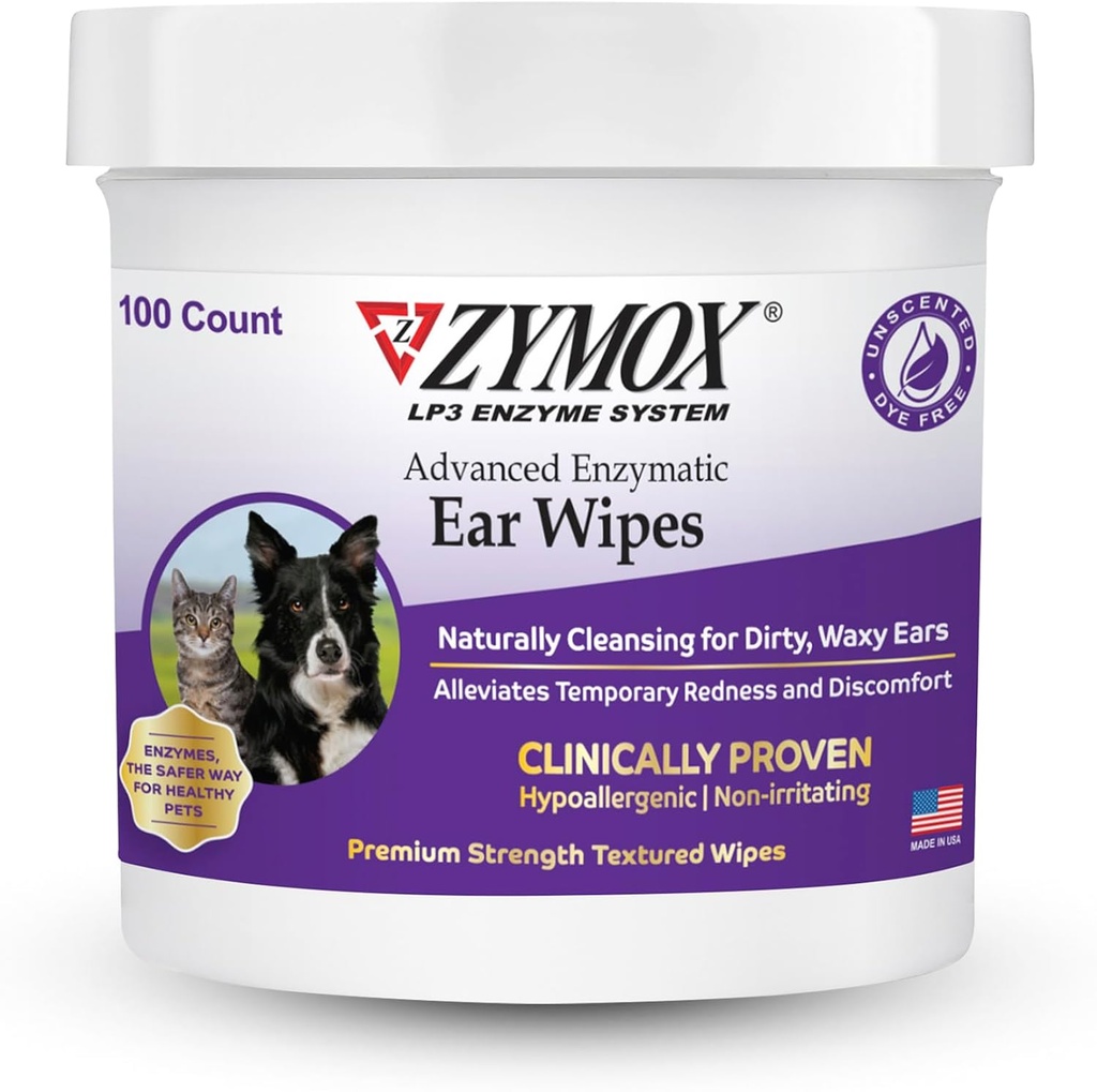 Zymox Advanced Enzymatiske Ear Wipes for Dogs and Cats - for Dirty, Waxy, Lumelly Ears - Premium Strength Ear Cleaner Wipes - Ikke-Irriterende - Hypoallergen - 100 ct