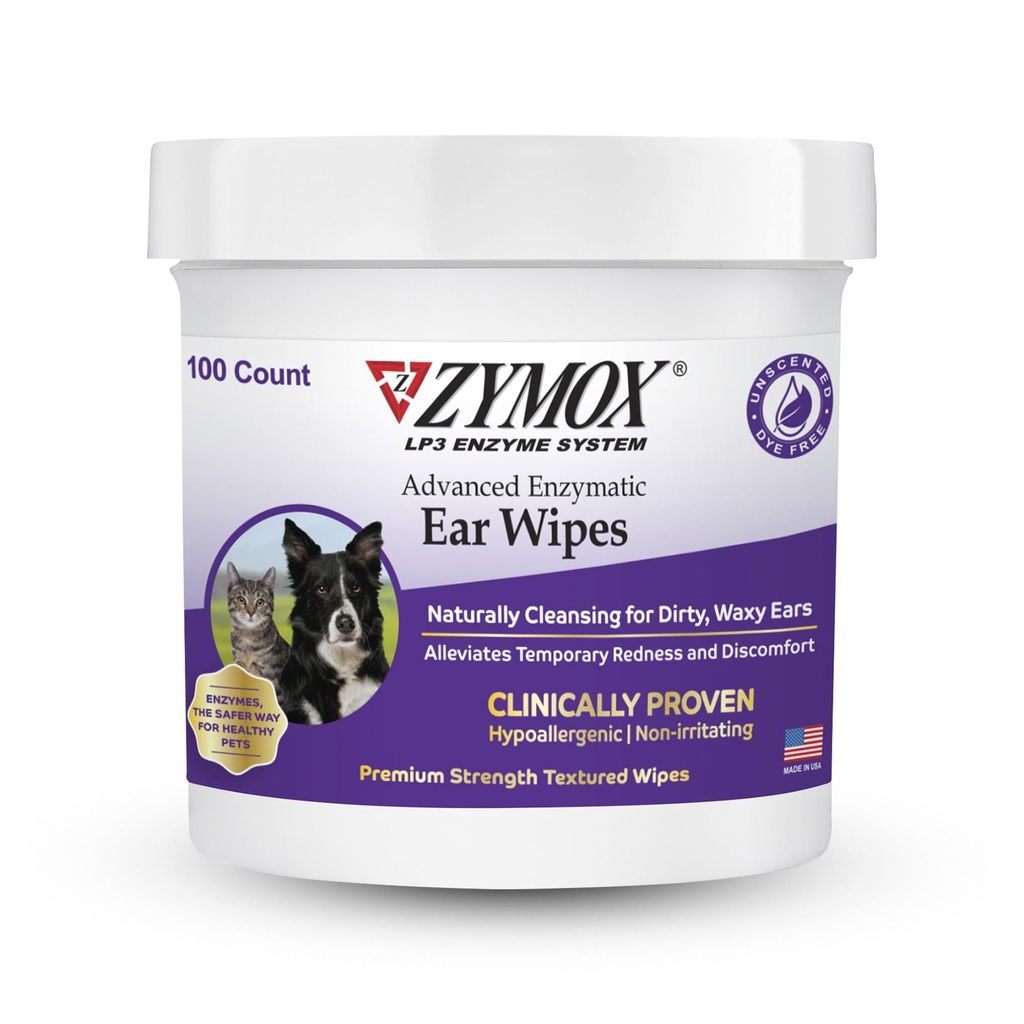 Zymox Advanced Enzymatiske Ear Wipes for Dogs and Cats - for Dirty, Waxy, Lumelly Ears - Premium Strength Ear Cleaner Wipes - Ikke-Irriterende - Hypoallergen - 100 ct