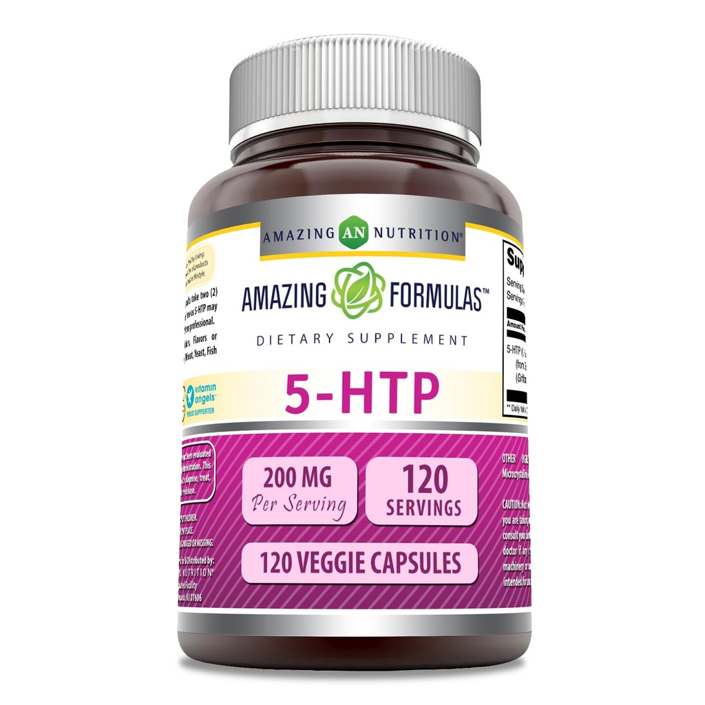 Amazing Formulas 5-HTP (L- 5- Hydroxytryptophan) Supplement 124; 200 Mg pr Serving Budd124; Veggie Kapsler Budding124; Non- GMO Budding124; Gluten- Free Budding124; Made in USA (1 Pack Budding124; 120 Tæl)