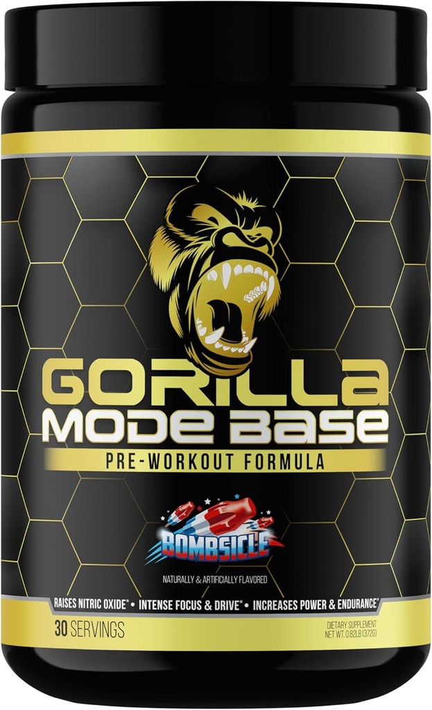Gorilla Mind Base Pre Workout - øger nitrogenoxid Intensive Focus & Drive Endurance Power - L- Citrullin, L- Tyrosine, betain, Alpha- GPC, koffein, Huperzine A - 360 Grams (Bombsicle)