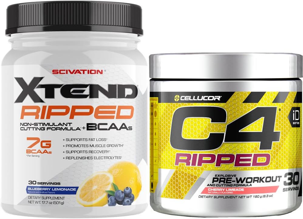Cellucor C4 Ripped Pre Workout Powder + Fat Burner, Cherry Limeade, 30 Servere + Scivation Xtend Ripped BCAA Powder, Blåbær Lemonade, 30 Servere