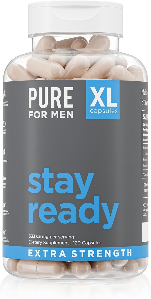 Pure for Men Stay Ready Fiber Extra Strength Supplement | Digestive Regularity | Bowel Movement & Gut Health Support | Vegan Cleanliness | Proprietary Formula | 120 Vegan XL Capsules