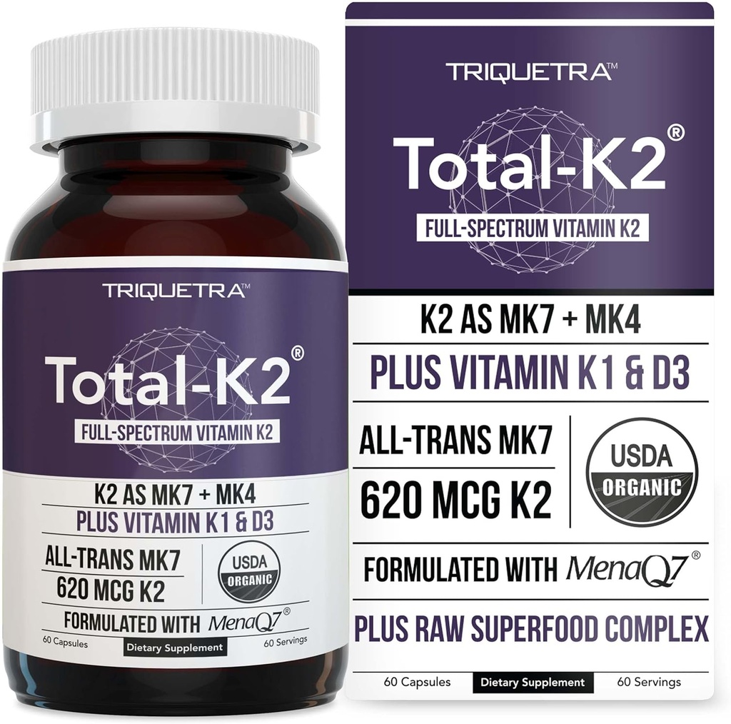 Total K2 ® - 124; K2-vitamin som MK7 & MK4 - 124; Plus K1 & D3-vitamin - 620 mcg K2 pr. servering - All- Trans MK7 fra MenaQ7 ® - Full- Spectrum Vitamin K - Vegan, Organic Certified (60 kapsler)