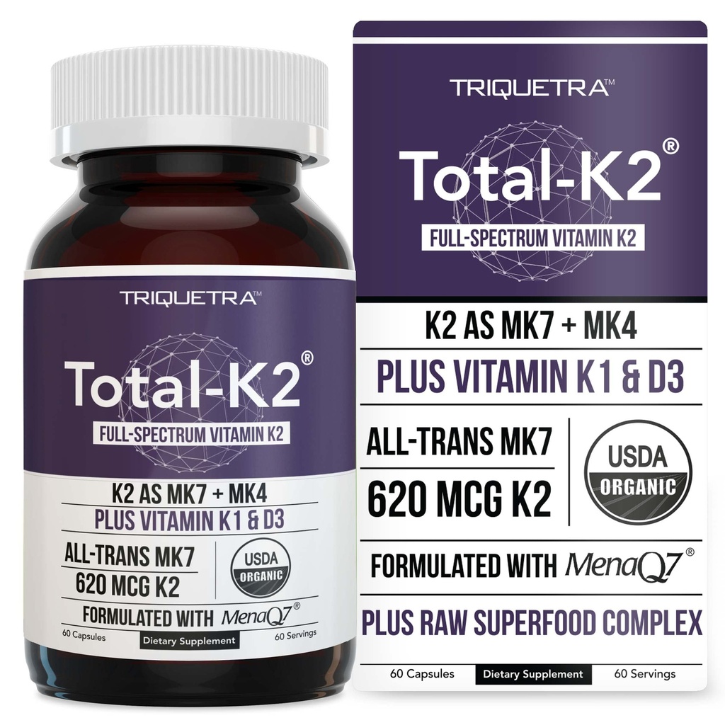 Total K2 ® - 124; K2-vitamin som MK7 & MK4 - 124; Plus K1 & D3-vitamins-cofaktor - 620 mcg K2 pr. servering - All- Trans MK7 fra MenaQ7 ® - Full- Spectrum-vitamin K - Vegan, Organic Certified (60 kapsler)