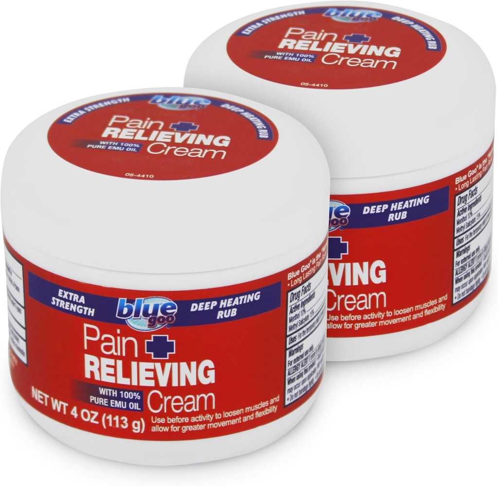 Blue Goo Maksimal styrke smertelindring Cream - Dyb opvarmning Rub til ryg / hals, Sport Muskel / fælles, Sprains, Bursitis, Strains - 2 pakker 4 oz, Lavet med 100% Pure Emu Oil