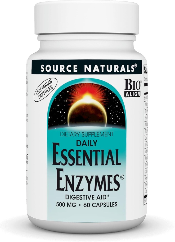 Source Naturals Essential Enzymes 500mg Bio- Aligned Multiple Enzyme Supplement Herbal Defense for Fordøjelse, Gas, Forstoppelse & Bloating Relief - Understøtter immunsystemet * - 60 Vegetariske kapsler