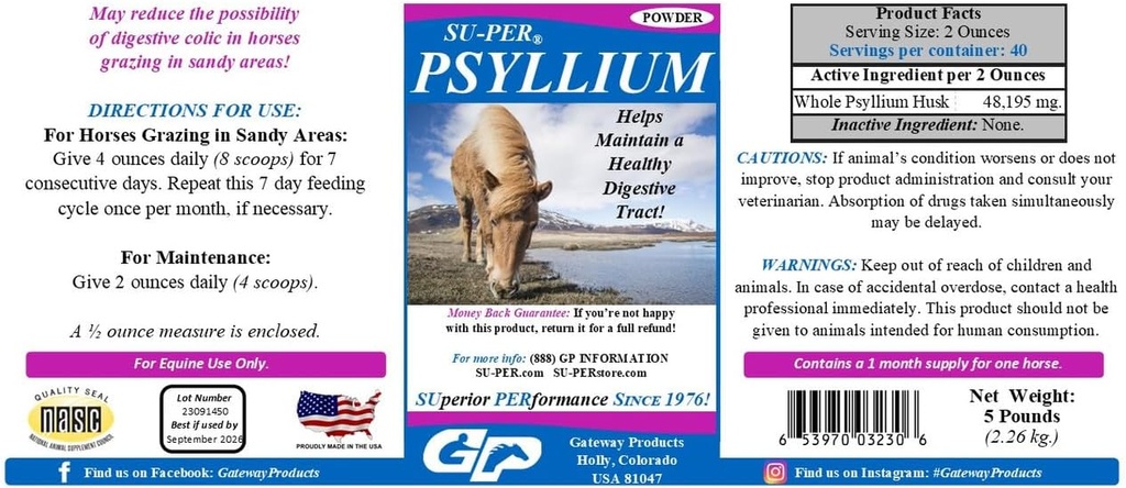 SU- PER Psyllium Horse Digestion Supplement - vedligeholder sund fordøjelsesmetode i heste - understøtter Fjernelse af sand & Dirt fra Intestinal Tract - 5 Pund, (2 Pack)