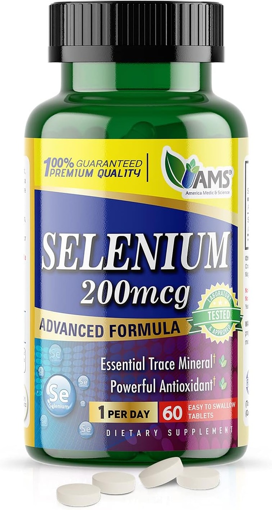 America Medic & Science Selenium 200 mcg (1 pakke med 60 tabletter) Pure Dietary Supplement for mænd og kvinder, Essential Trace Mineral og kraftfuld antioxidant bedste til immunforsvar og thyreoideasundhed
