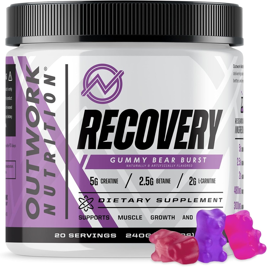 Outwork Nutrition Post Workout Recovery Powder - Creatine Monohydrate, KSM-66 Ashwagandha & Tart Cherry - Speeds Recovery, Eases Soreness - Creatine Powder for Men & Women, Gummy Bear Burst, 230 Gr