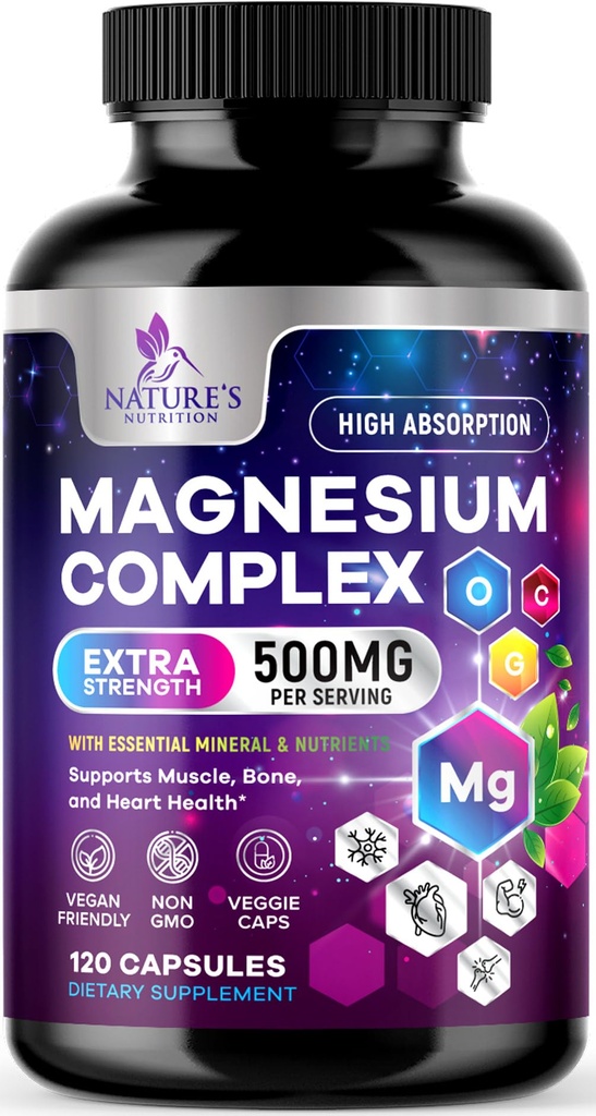 Magnesiumkompleks Supplement 500 mg - 5 i 1 høj absorptionschelateret Magnesiumglycinat, malat, citrat, oxid, Aquamin - non- GMO Magnesio kapsler, benmuskulatur og hjertesundhed, 120 kapsler