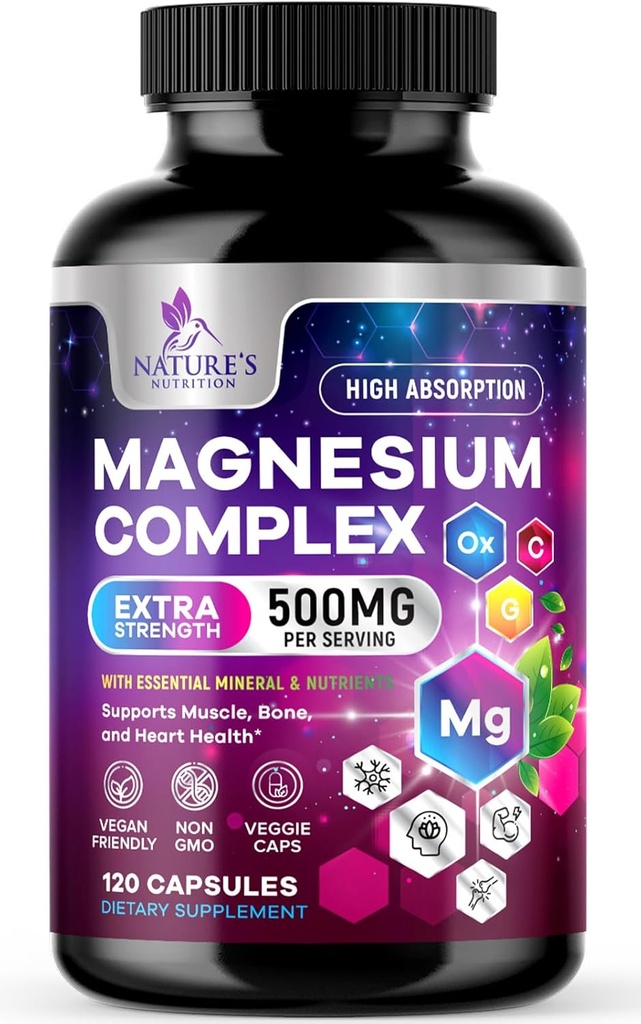 Magnesiumkompleks Supplement 500 mg - 5 i 1 høj absorptionschelateret Magnesiumglycinat, malat, citrat, oxid, Aquamin - non- GMO Magnesio kapsler, benmuskulatur og hjertesundhed, 120 kapsler