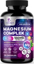 Magnesiumkompleks Supplement 500 mg - 5 i 1 høj absorptionschelateret Magnesiumglycinat, malat, citrat, oxid, Aquamin - non- GMO Magnesio kapsler, benmuskulatur og hjertesundhed, 120 kapsler