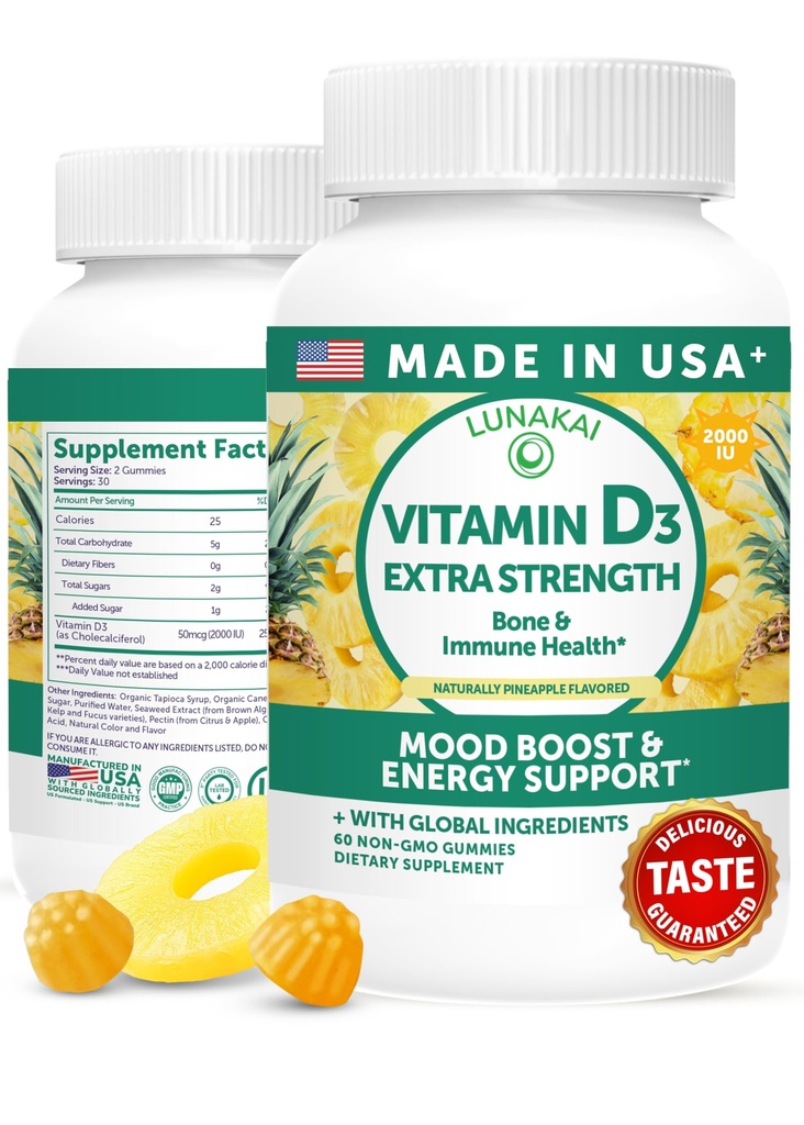 Lunakai USA Made Vitamin D3 Gummies 2000 IE - Non- GMO, Gluten- Free Vitamin D Gummies for Women & Men - Bone, Immun & Energy Support, 60ct