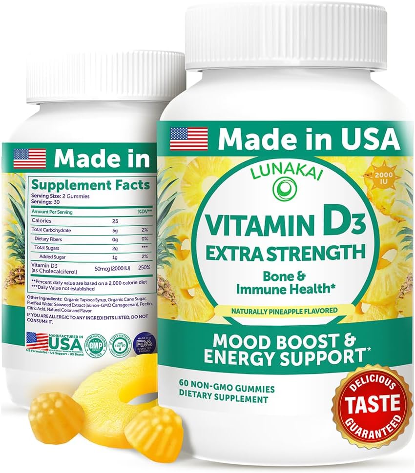 Lunakai USA Made Vitamin D3 Gummies 2000 IE - Non- GMO, Gluten- Free Vitamin D Gummies for Women & Men - Bone, Immun & Energy Support, 60ct