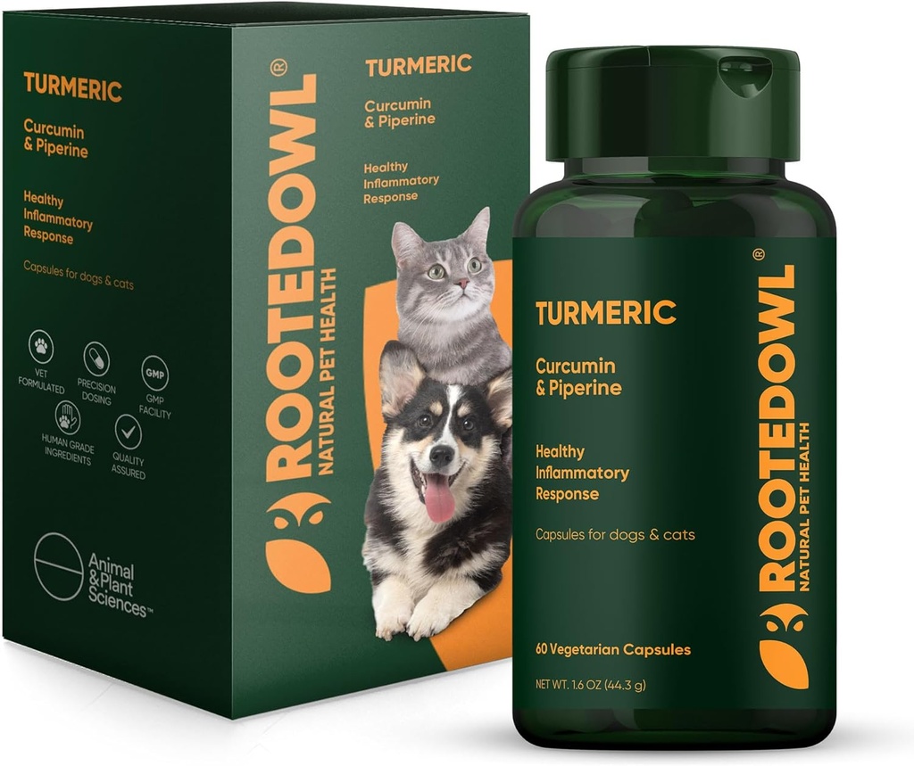 Rooted Owl Gurkemeje - Gurkemeje supplement til hunde og katte - med Curcumin, Piperine og C-vitamin for antiinflammatorisk Relief - 60 / ct