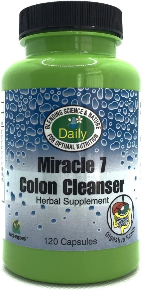 Daglig produktion Miracle 7 Colon Cleanser ™ (Hvedegræs, Acidophilus, Apple Fiber, Gentian, Goldenseal Root, Buckthorn, Rabarber, Cascara Sagrada, Whole Leaf Aloe Vera & Cinnamon) 120 Kapsler