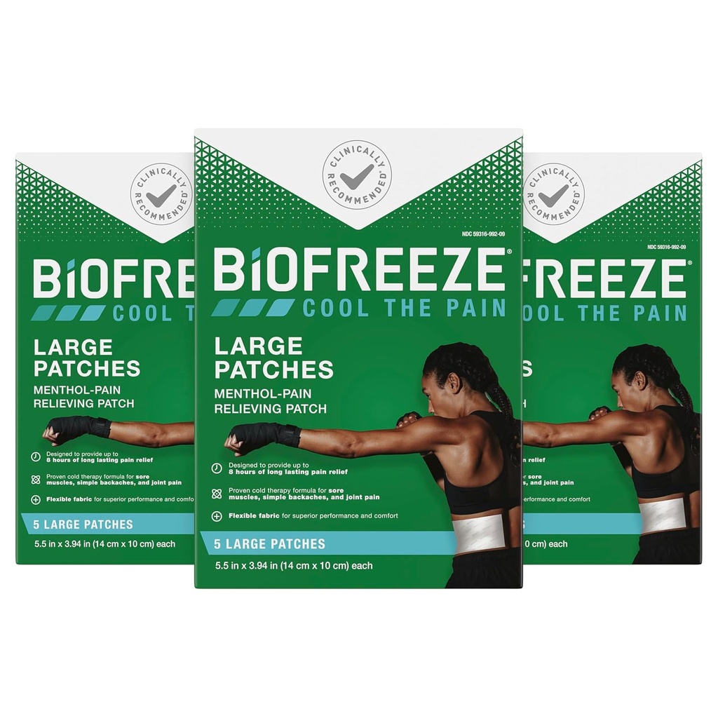 Biofreeze Smerte Relief Patches, Gigt Smerte Reliver, Knæ- og lændesmerter Relief Patch, Sore Muskel Relief, Neck Smerte Relief, FSA Egnet, 3 Pack (5 Biofreeze Menthol Patches)