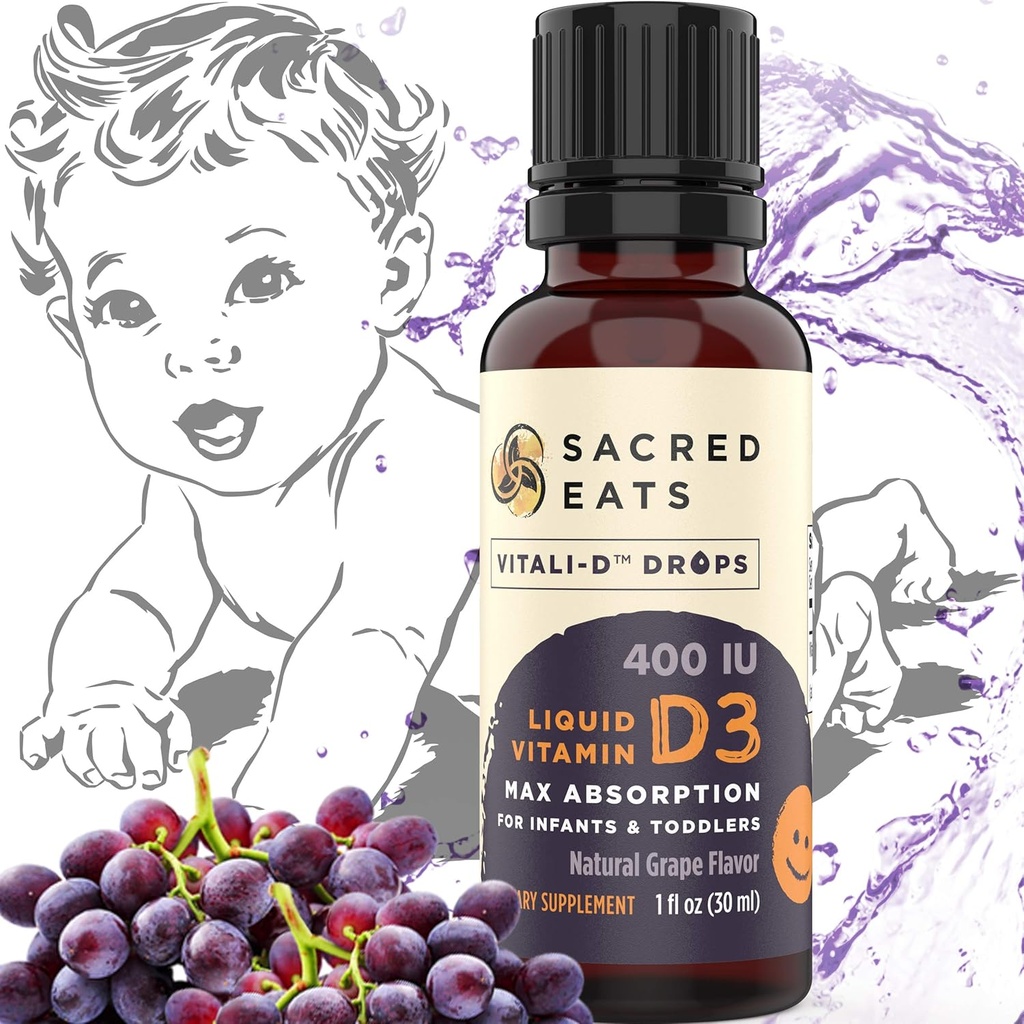 D-vitamin dråber til spædbørn - 400 IE per dråbe, Natural & Sugar Free i MCT Oil for bedste absorption. 880 Servering. Let at tage flydende D3 supplement til Baby & Toddlers (Grape)