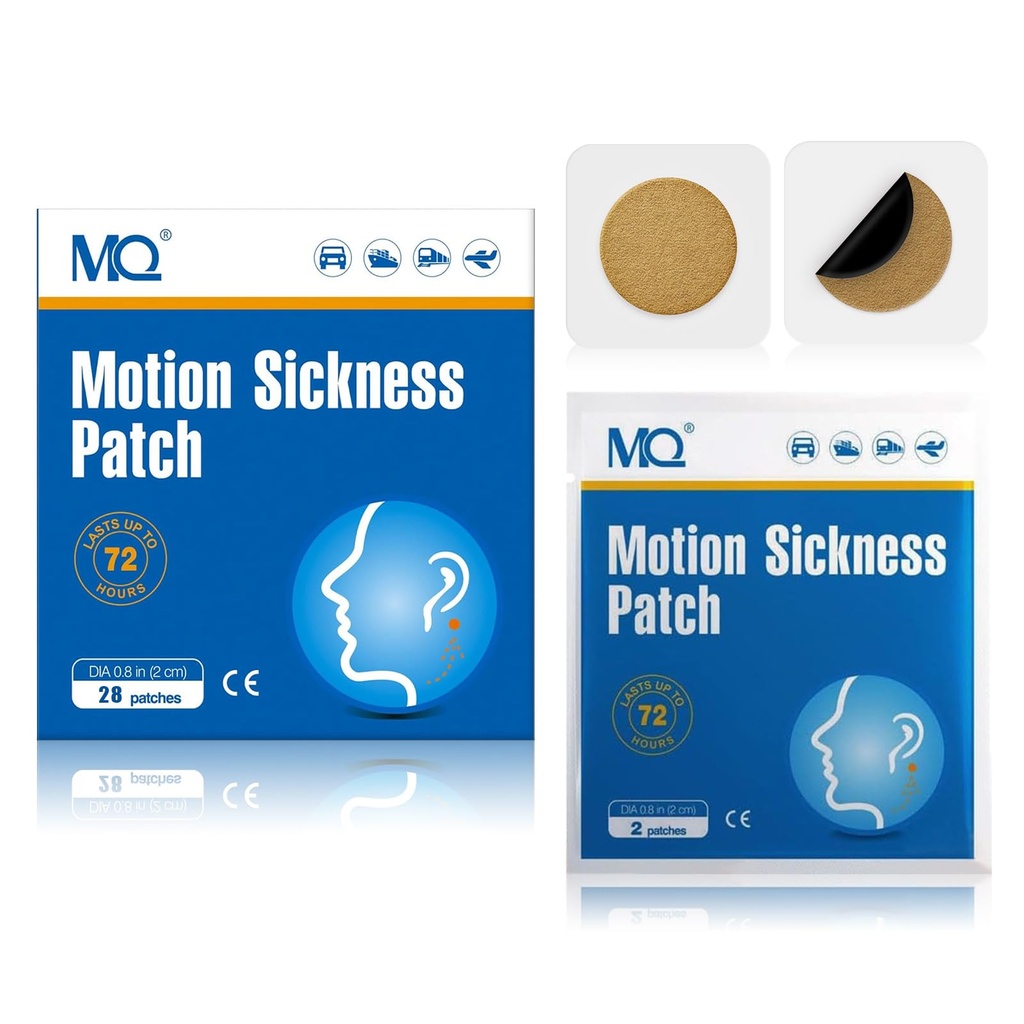 MQ 28ct Motion Sygdom Patches Non Drowsy, Sea Sygdom Patches for Cruise Travel Essentials, Vandtæt Patch Bag Øre for Bilfly Højde Sygdom, Lang Sidste 72 H